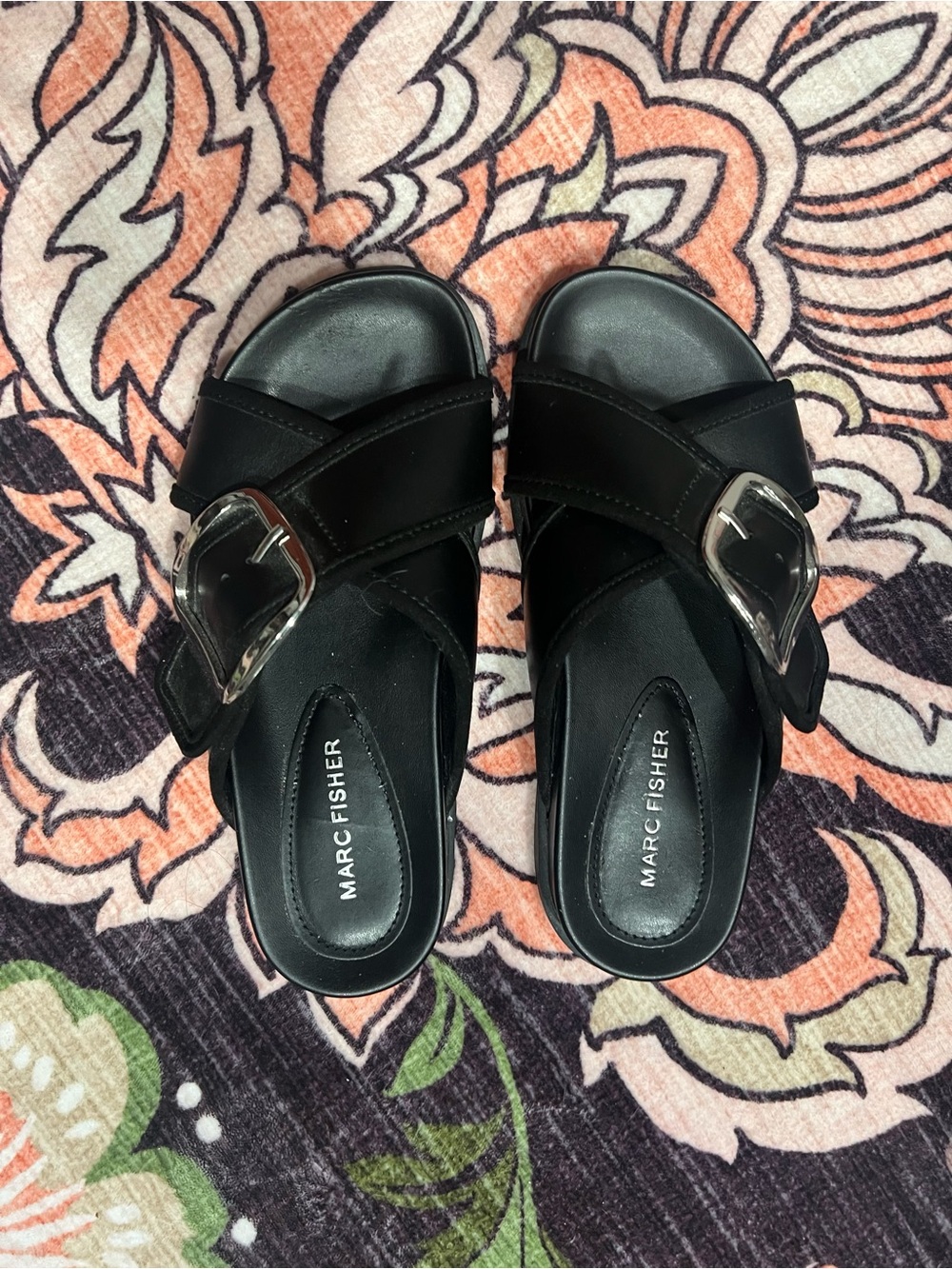 Marc Fisher Black Buckled Crossover Slide Mules